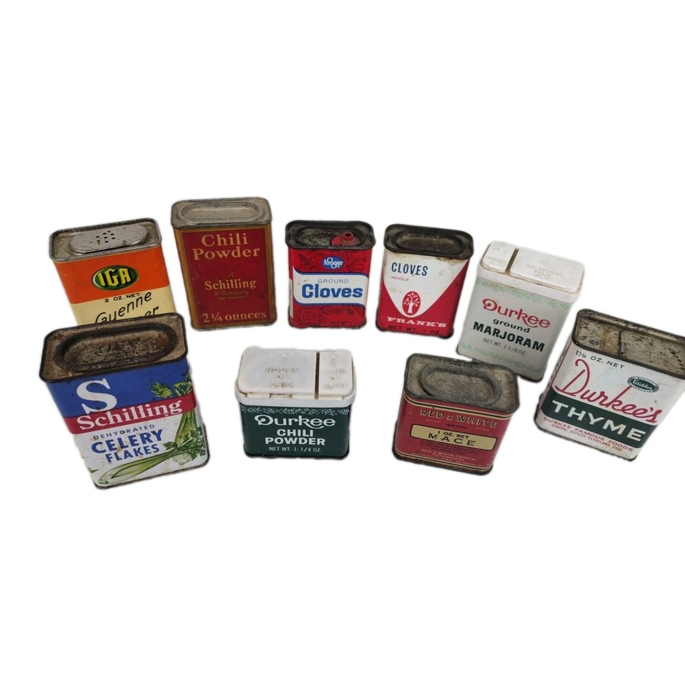 Vintage Antique Spice Tin Lot of 9 Schilling Durkee's IGA Franks Cloves Chilli